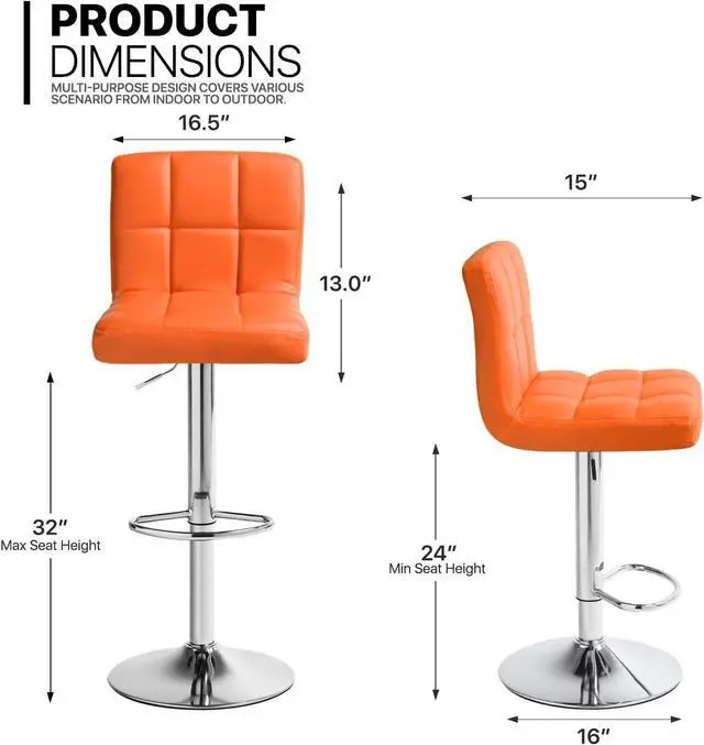 Alt view image 3 of 7 - MoNiBloom Bar Stools Set of 2 Square Back PU Leather Counter Height Adjustable Swivel Barstools with Footrest for Home Kitchen Dining Room, Orange