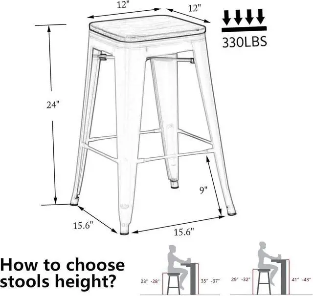 Alt view image 2 of 7 - Alunaune 24" Metal Bar Stools Set of 4 Industrial Backless Counter Height Barstools Kitchen Patio Stool Stackable with Wooden Seat- White