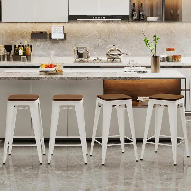 Alt view image 3 of 7 - Alunaune 24" Metal Bar Stools Set of 4 Industrial Backless Counter Height Barstools Kitchen Patio Stool Stackable with Wooden Seat- White