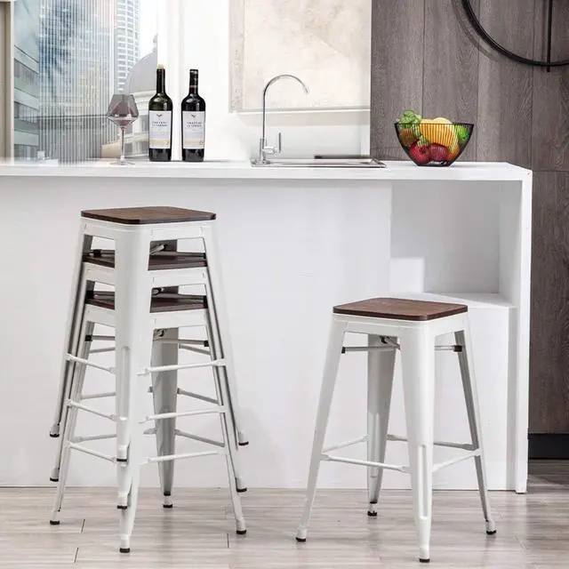 Alt view image 4 of 7 - Alunaune 24" Metal Bar Stools Set of 4 Industrial Backless Counter Height Barstools Kitchen Patio Stool Stackable with Wooden Seat- White