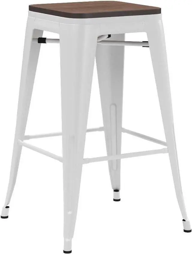 Alt view image 5 of 7 - Alunaune 24" Metal Bar Stools Set of 4 Industrial Backless Counter Height Barstools Kitchen Patio Stool Stackable with Wooden Seat- White