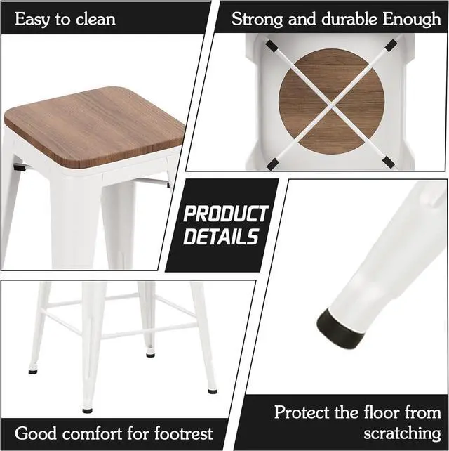 Alt view image 7 of 7 - Alunaune 24" Metal Bar Stools Set of 4 Industrial Backless Counter Height Barstools Kitchen Patio Stool Stackable with Wooden Seat- White
