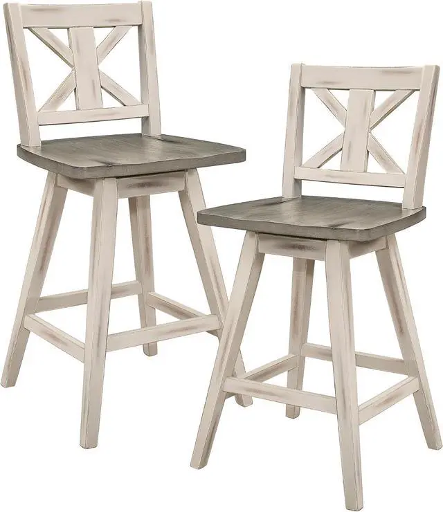 Main image of Solid Wood High Back Swivel Counter Height Bar Stools Set of 2, Kitchen Stools Counter Height, Foot Rest, X Back, Tall Wooden Armless Dining Chairs For Kitchen Island, Farmhouse, Rustic, White