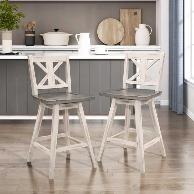 Alt view image 2 of 7 - Solid Wood High Back Swivel Counter Height Bar Stools Set of 2, Kitchen Stools Counter Height, Foot Rest, X Back, Tall Wooden Armless Dining Chairs For Kitchen Island, Farmhouse, Rustic, White