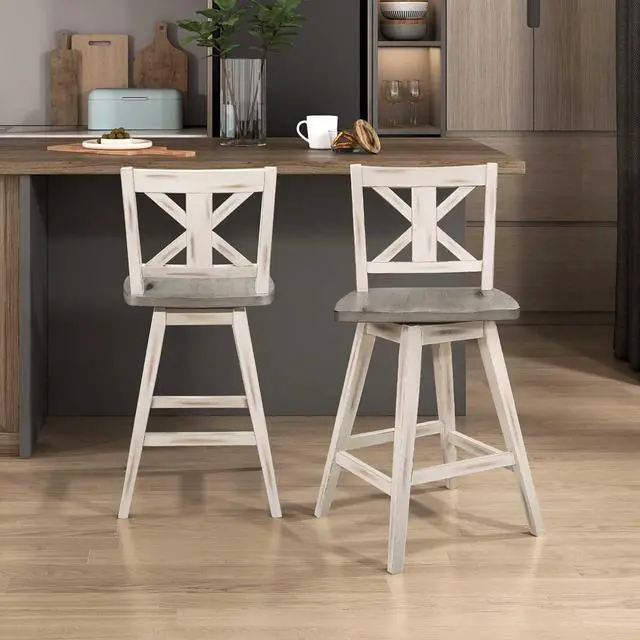 Alt view image 7 of 7 - Solid Wood High Back Swivel Counter Height Bar Stools Set of 2, Kitchen Stools Counter Height, Foot Rest, X Back, Tall Wooden Armless Dining Chairs For Kitchen Island, Farmhouse, Rustic, White