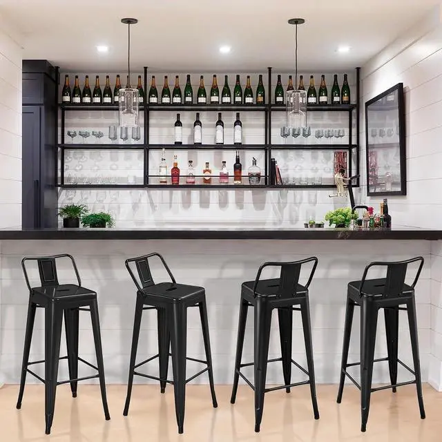 Alt view image 2 of 7 - Yaheetech 30 inch Metal Bar Stools Set of 4, Counter Height Barstools Kitchen Chair Industrial Stools with Low Back for Indoor Outdoor Use, Matte Black