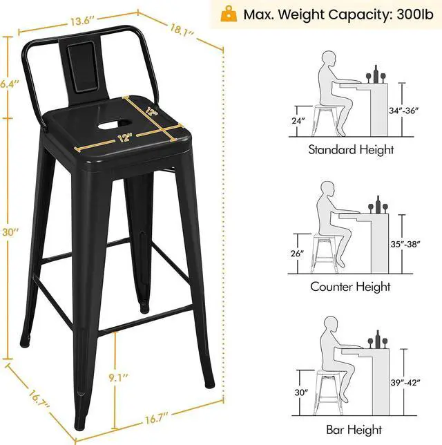 Alt view image 3 of 7 - Yaheetech 30 inch Metal Bar Stools Set of 4, Counter Height Barstools Kitchen Chair Industrial Stools with Low Back for Indoor Outdoor Use, Matte Black