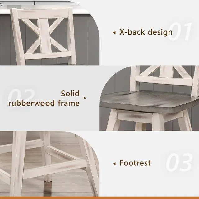 Alt view image 6 of 7 - Solid Wood High Back Swivel Counter Height Bar Stools Set of 2, Kitchen Stools Counter Height, Foot Rest, X Back, Tall Wooden Armless Dining Chairs For Kitchen Island, Farmhouse, Rustic, White