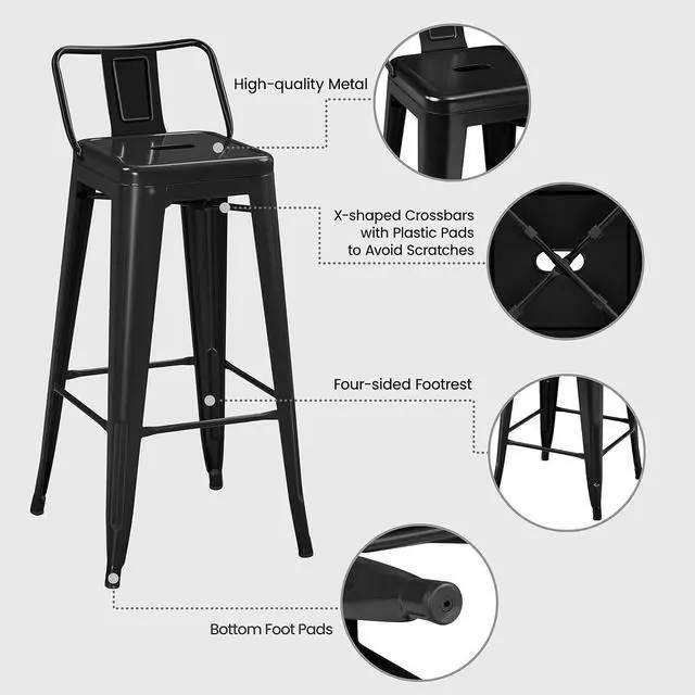 Alt view image 5 of 7 - Yaheetech 30 inch Metal Bar Stools Set of 4, Counter Height Barstools Kitchen Chair Industrial Stools with Low Back for Indoor Outdoor Use, Matte Black