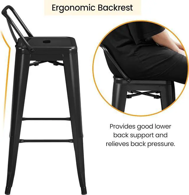 Alt view image 6 of 7 - Yaheetech 30 inch Metal Bar Stools Set of 4, Counter Height Barstools Kitchen Chair Industrial Stools with Low Back for Indoor Outdoor Use, Matte Black