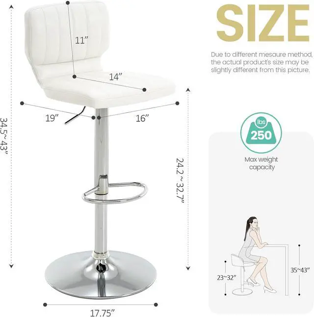 Alt view image 3 of 7 - Brage Living Adjustable Bar Stools Set of 2, Modern PU Leather Swivel Barstools with Back, Armless Airlift Counter Height Bar Chairs for Kitchen Dining Pub Cafe (Pearl White)