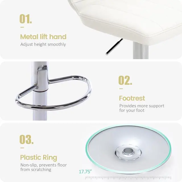 Alt view image 6 of 7 - Brage Living Adjustable Bar Stools Set of 2, Modern PU Leather Swivel Barstools with Back, Armless Airlift Counter Height Bar Chairs for Kitchen Dining Pub Cafe (Pearl White)