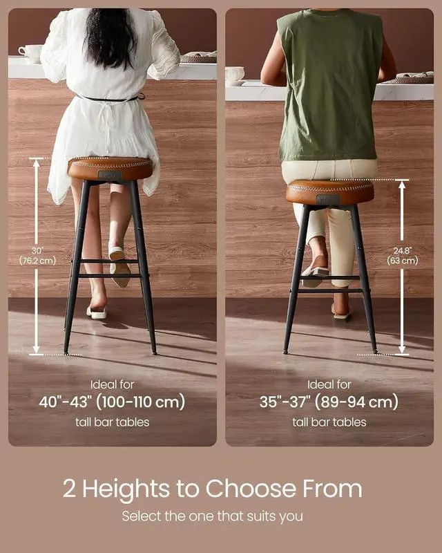 Alt view image 3 of 7 - VASAGLE EKHO Collection - Bar Stools Set of 2, Counter Height Bar Stools, Kitchen Counter Stools, Mid-Century Modern Backless Counter Stools, 24.8-Inch Tall, Kitchen Island Home Bar, Caramel Brown
