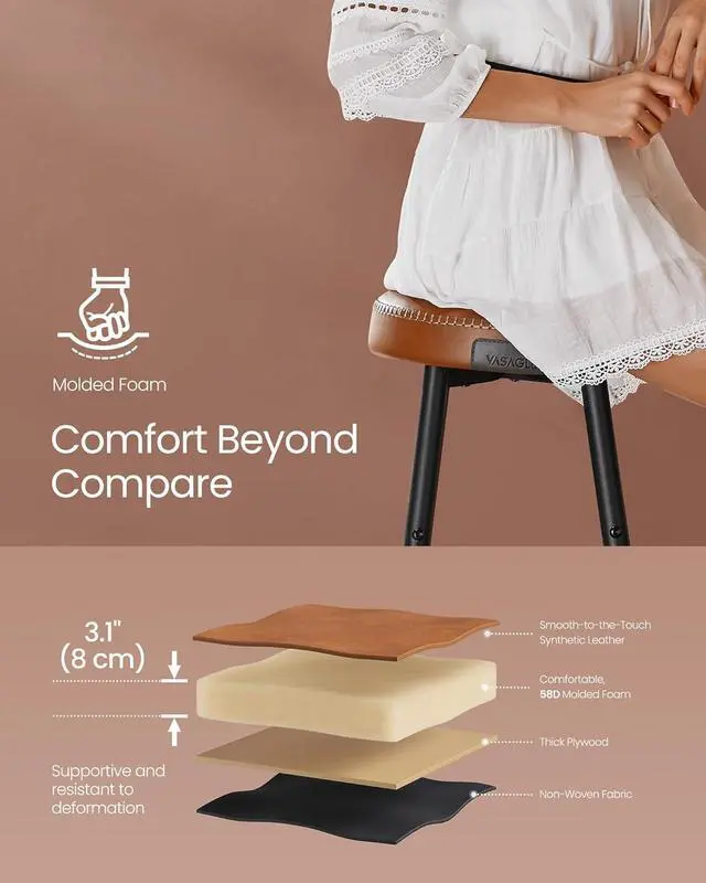 Alt view image 5 of 7 - VASAGLE EKHO Collection - Bar Stools Set of 2, Counter Height Bar Stools, Kitchen Counter Stools, Mid-Century Modern Backless Counter Stools, 24.8-Inch Tall, Kitchen Island Home Bar, Caramel Brown
