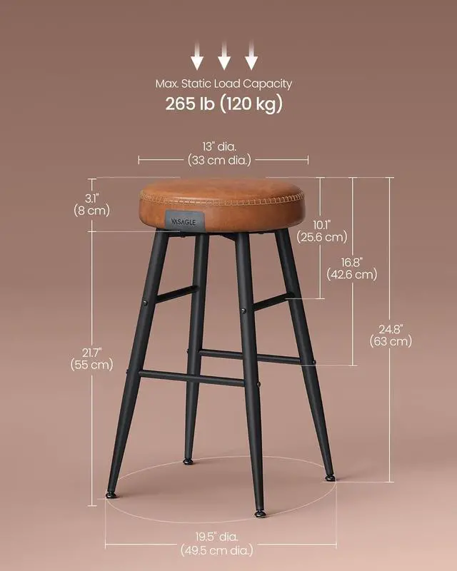 Alt view image 6 of 7 - VASAGLE EKHO Collection - Bar Stools Set of 2, Counter Height Bar Stools, Kitchen Counter Stools, Mid-Century Modern Backless Counter Stools, 24.8-Inch Tall, Kitchen Island Home Bar, Caramel Brown