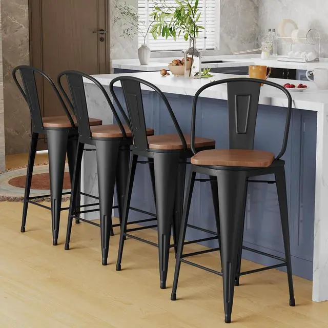 Main image of Alunaune 24" Swivel Metal Bar Stools Set of 4 High Back Counter Height Barstools Industrial Dining Bar Chairs with Large Wooden Seat-Matte Black
