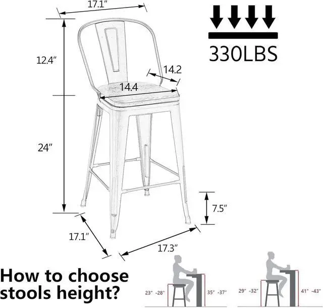 Alt view image 2 of 7 - Alunaune 24" Swivel Metal Bar Stools Set of 4 High Back Counter Height Barstools Industrial Dining Bar Chairs with Large Wooden Seat-Matte Black