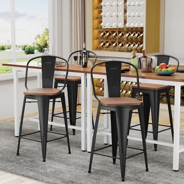 Alt view image 3 of 7 - Alunaune 24" Swivel Metal Bar Stools Set of 4 High Back Counter Height Barstools Industrial Dining Bar Chairs with Large Wooden Seat-Matte Black