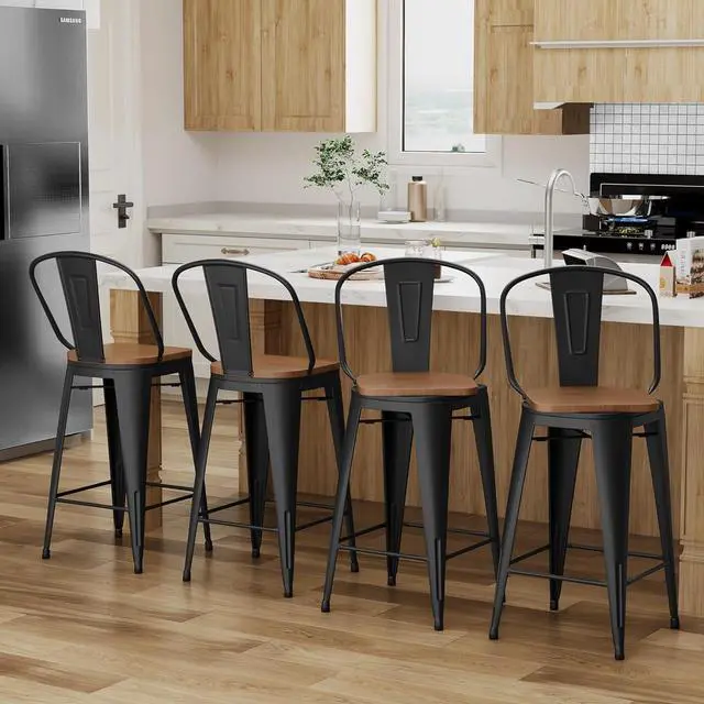 Alt view image 4 of 7 - Alunaune 24" Swivel Metal Bar Stools Set of 4 High Back Counter Height Barstools Industrial Dining Bar Chairs with Large Wooden Seat-Matte Black