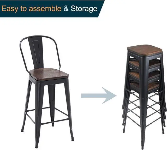 Alt view image 6 of 7 - Alunaune 24" Swivel Metal Bar Stools Set of 4 High Back Counter Height Barstools Industrial Dining Bar Chairs with Large Wooden Seat-Matte Black