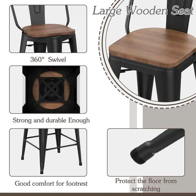 Alt view image 5 of 7 - Alunaune 24" Swivel Metal Bar Stools Set of 4 High Back Counter Height Barstools Industrial Dining Bar Chairs with Large Wooden Seat-Matte Black