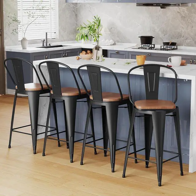 Alt view image 7 of 7 - Alunaune 24" Swivel Metal Bar Stools Set of 4 High Back Counter Height Barstools Industrial Dining Bar Chairs with Large Wooden Seat-Matte Black