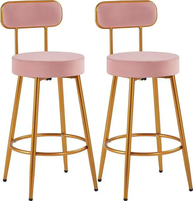 Main image of Yaheetech Velvet Bar Stools 26'' Counter Height Bar Stools Velvet Stools for Kitchen Counter with Backrest and Footrest Modern Gold Barstools Upholstered Bar Height Stools, Pink, Set of 2