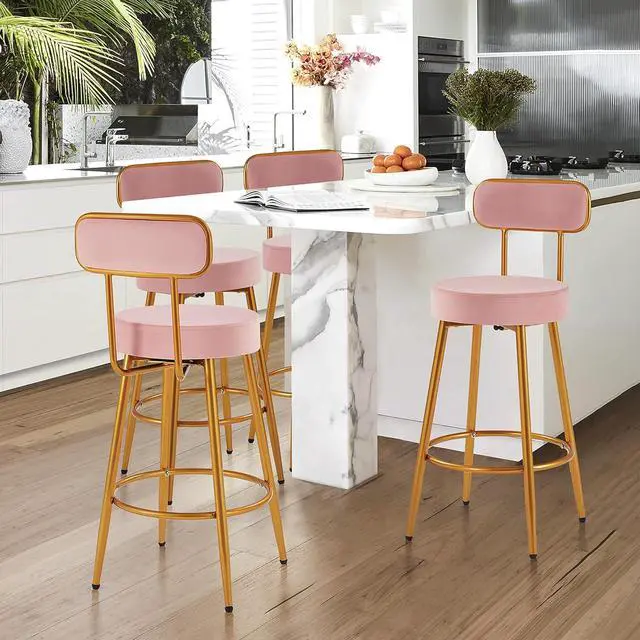 Alt view image 2 of 7 - Yaheetech Velvet Bar Stools 26'' Counter Height Bar Stools Velvet Stools for Kitchen Counter with Backrest and Footrest Modern Gold Barstools Upholstered Bar Height Stools, Pink, Set of 2