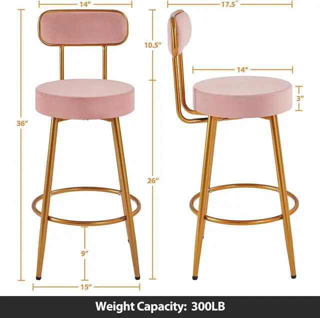 Alt view image 3 of 7 - Yaheetech Velvet Bar Stools 26'' Counter Height Bar Stools Velvet Stools for Kitchen Counter with Backrest and Footrest Modern Gold Barstools Upholstered Bar Height Stools, Pink, Set of 2