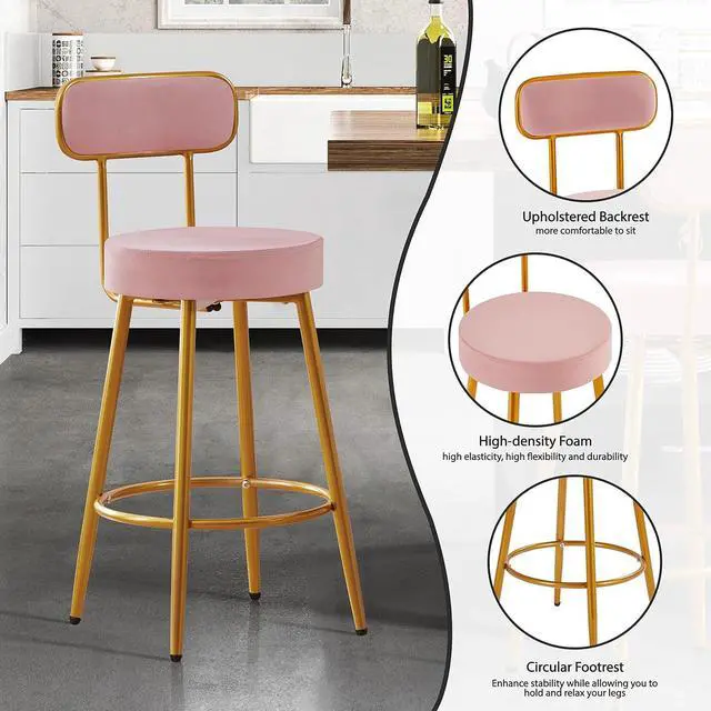 Alt view image 4 of 7 - Yaheetech Velvet Bar Stools 26'' Counter Height Bar Stools Velvet Stools for Kitchen Counter with Backrest and Footrest Modern Gold Barstools Upholstered Bar Height Stools, Pink, Set of 2