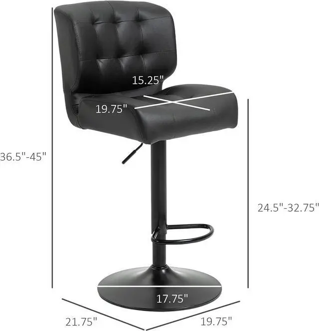 Alt view image 3 of 7 - HOMCOM Bar Height Bar Stools Set of 2 with Adjustable Seat, Thick Padded Cushion and Metal Footrest for Home Bar, Black