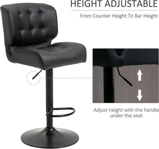 Alt view image 4 of 7 - HOMCOM Bar Height Bar Stools Set of 2 with Adjustable Seat, Thick Padded Cushion and Metal Footrest for Home Bar, Black
