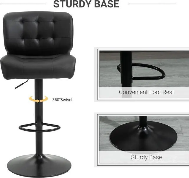 Alt view image 6 of 7 - HOMCOM Bar Height Bar Stools Set of 2 with Adjustable Seat, Thick Padded Cushion and Metal Footrest for Home Bar, Black