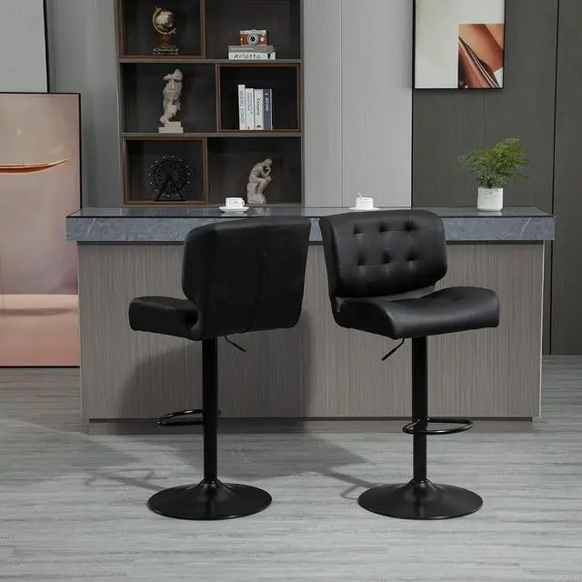 Alt view image 7 of 7 - HOMCOM Bar Height Bar Stools Set of 2 with Adjustable Seat, Thick Padded Cushion and Metal Footrest for Home Bar, Black