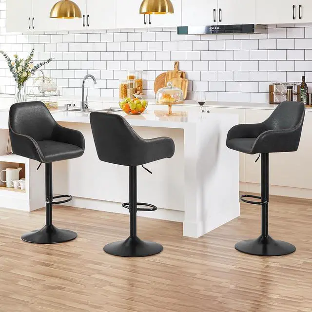 Alt view image 2 of 7 - Yaheetech Bar Stools Set of 4, PU Leather Swivel Counter Height Barstools, Adjustable Bar Chairs with Backrest and Footrest, Kitchen Island Stool for Home Kitchen, Black
