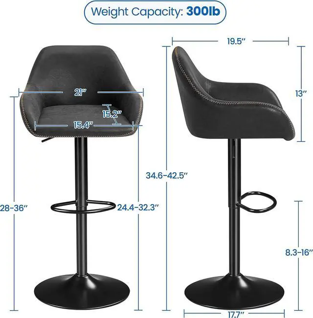 Alt view image 3 of 7 - Yaheetech Bar Stools Set of 4, PU Leather Swivel Counter Height Barstools, Adjustable Bar Chairs with Backrest and Footrest, Kitchen Island Stool for Home Kitchen, Black