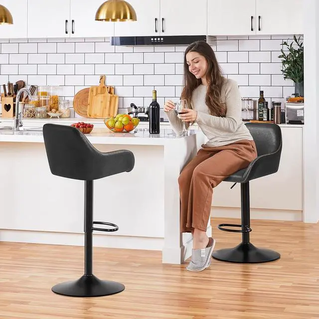 Alt view image 5 of 7 - Yaheetech Bar Stools Set of 4, PU Leather Swivel Counter Height Barstools, Adjustable Bar Chairs with Backrest and Footrest, Kitchen Island Stool for Home Kitchen, Black