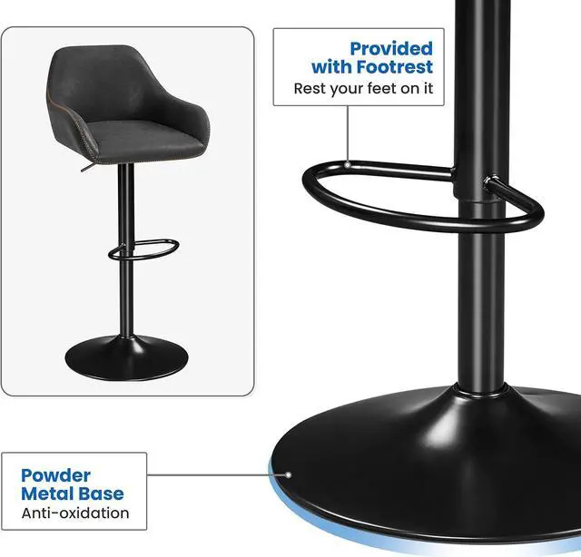Alt view image 7 of 7 - Yaheetech Bar Stools Set of 4, PU Leather Swivel Counter Height Barstools, Adjustable Bar Chairs with Backrest and Footrest, Kitchen Island Stool for Home Kitchen, Black