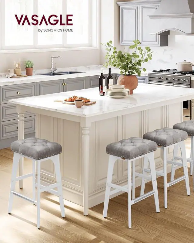 Alt view image 3 of 7 - VASAGLE Bar Stools Set of 2, Saddle Counter Height Bar Stools, 26-Inch Backless Kitchen Stools with Wood Legs, PU Leather Thickened Upholstered Barstools for Kitchen Island Dining Room, Dove Gray