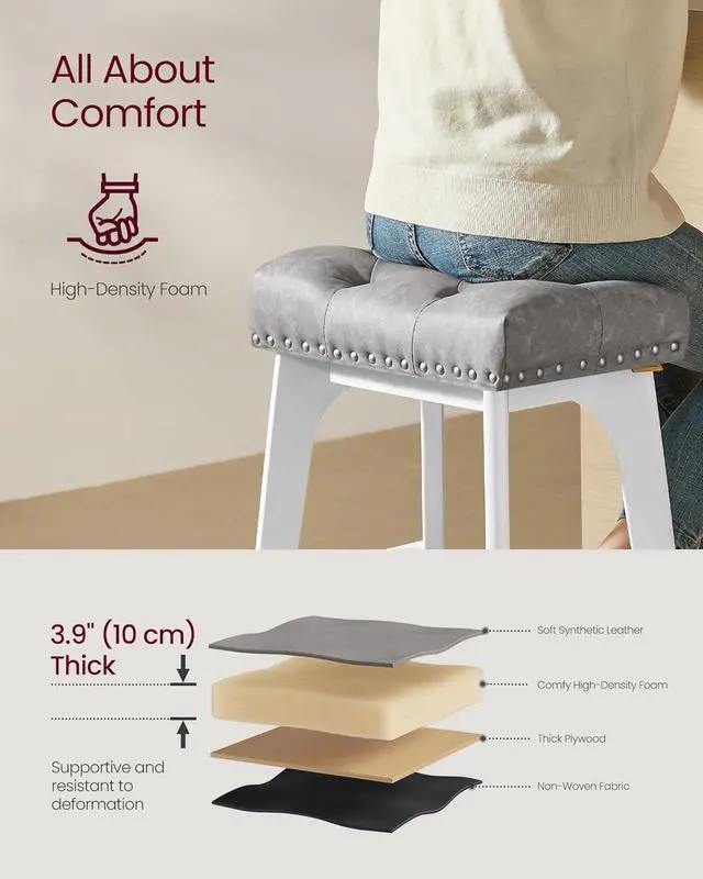 Alt view image 5 of 7 - VASAGLE Bar Stools Set of 2, Saddle Counter Height Bar Stools, 26-Inch Backless Kitchen Stools with Wood Legs, PU Leather Thickened Upholstered Barstools for Kitchen Island Dining Room, Dove Gray