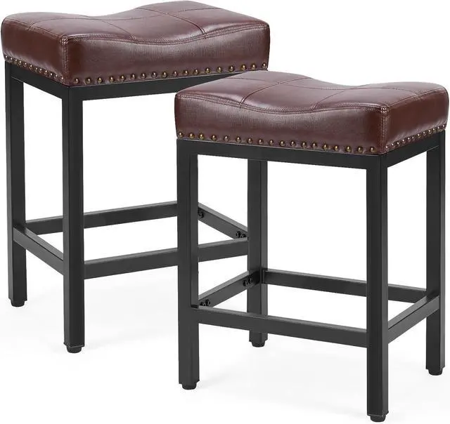 Main image of DUMOS Saddle Bar Stools Set of 2, 24 Inch Counter Height Stools with Curved PU Leather Surface, 3.7" Thick Upholstery Bar Height Stools with Footrest for Kitchen Island, Dining, Cafe, Brown