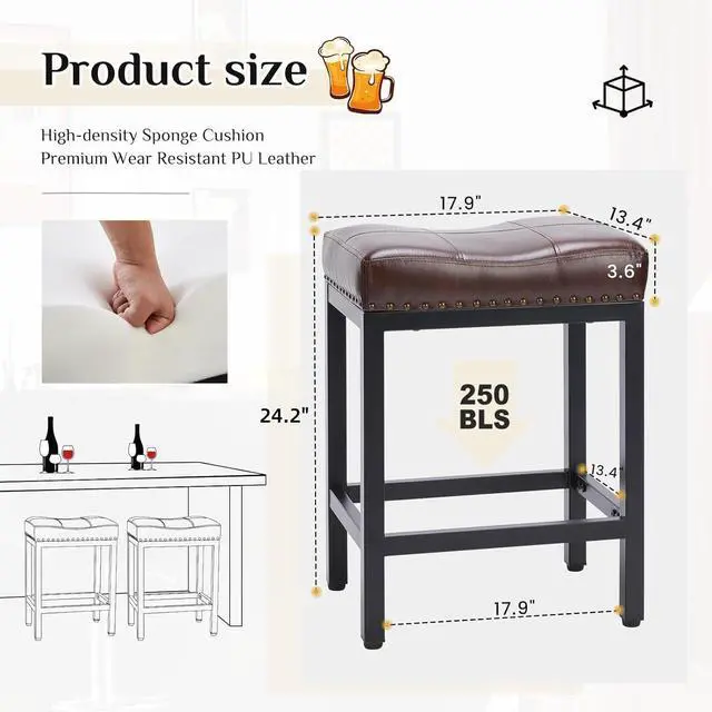 Alt view image 3 of 7 - DUMOS Saddle Bar Stools Set of 2, 24 Inch Counter Height Stools with Curved PU Leather Surface, 3.7" Thick Upholstery Bar Height Stools with Footrest for Kitchen Island, Dining, Cafe, Brown