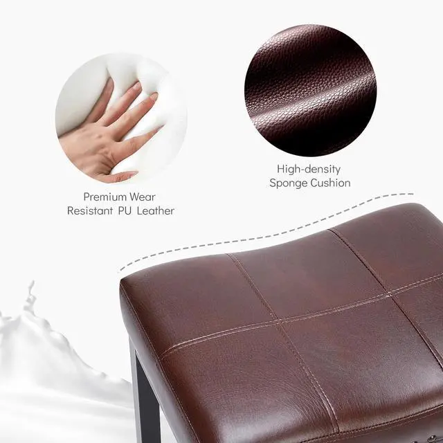 Alt view image 4 of 7 - DUMOS Saddle Bar Stools Set of 2, 24 Inch Counter Height Stools with Curved PU Leather Surface, 3.7" Thick Upholstery Bar Height Stools with Footrest for Kitchen Island, Dining, Cafe, Brown