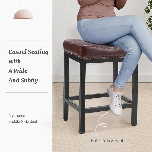 Alt view image 5 of 7 - DUMOS Saddle Bar Stools Set of 2, 24 Inch Counter Height Stools with Curved PU Leather Surface, 3.7" Thick Upholstery Bar Height Stools with Footrest for Kitchen Island, Dining, Cafe, Brown