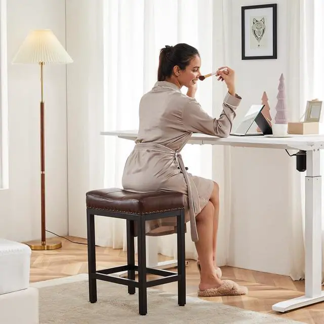 Alt view image 6 of 7 - DUMOS Saddle Bar Stools Set of 2, 24 Inch Counter Height Stools with Curved PU Leather Surface, 3.7" Thick Upholstery Bar Height Stools with Footrest for Kitchen Island, Dining, Cafe, Brown
