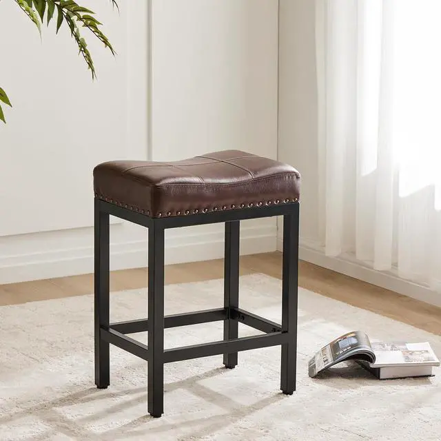 Alt view image 7 of 7 - DUMOS Saddle Bar Stools Set of 2, 24 Inch Counter Height Stools with Curved PU Leather Surface, 3.7" Thick Upholstery Bar Height Stools with Footrest for Kitchen Island, Dining, Cafe, Brown