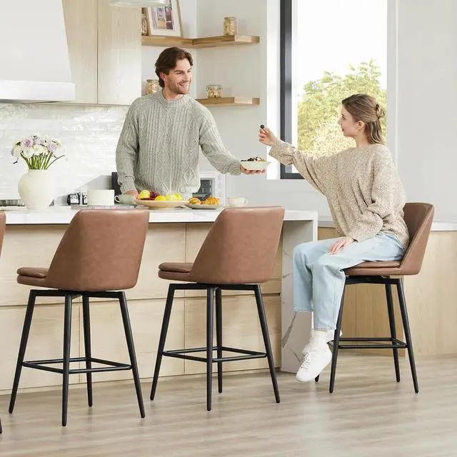 Alt view image 7 of 7 - CHITA Swivel Bar Stools, 27.2" Counter Height Bar Stools Set of 3, FSC Certified Upholstered Modern Counter Stools, Metal Legs, Faux Leather, Saddle Brown