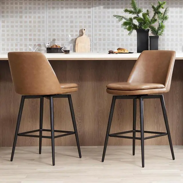 Alt view image 5 of 7 - CHITA Swivel Bar Stools, 27.2" Counter Height Bar Stools Set of 3, FSC Certified Upholstered Modern Counter Stools, Metal Legs, Faux Leather, Saddle Brown