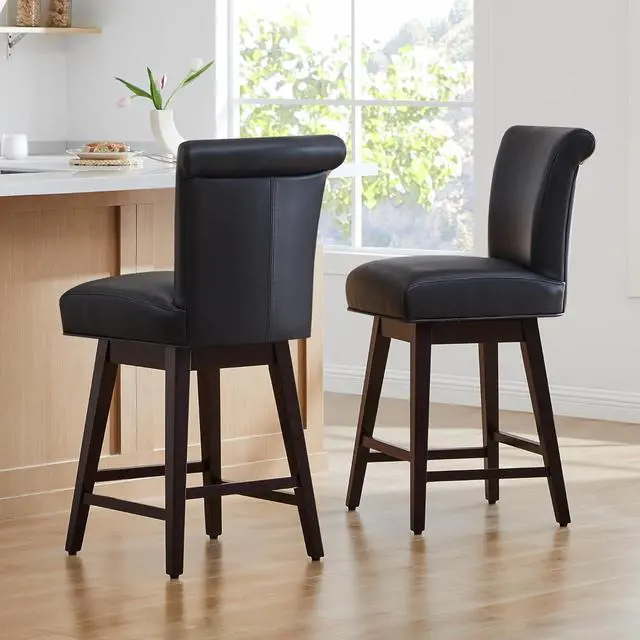 Alt view image 2 of 7 - CHITA 30 Inch Counter Height Swivel Bar Stools Set of 2, FSC Certified Modern Upholstered Faux Leather Swivel Barstool Chairs with Back, Black