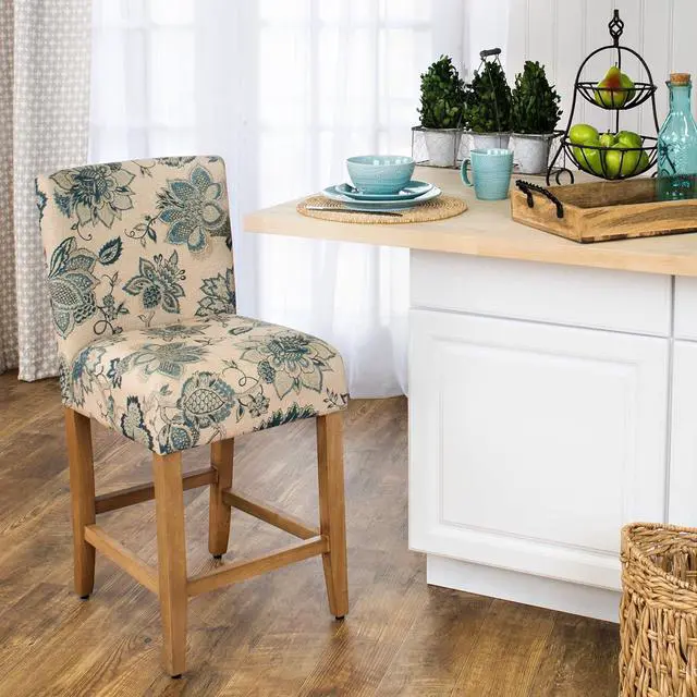 Alt view image 3 of 5 - HomePop Upholstered Counter Height Barstool, 24-inch, Blue and Tan Jacobean